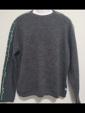 VTG Free People 90's Grey Wool Blend Geometric Trim Sweater Sz L Y2K Boho Nordic